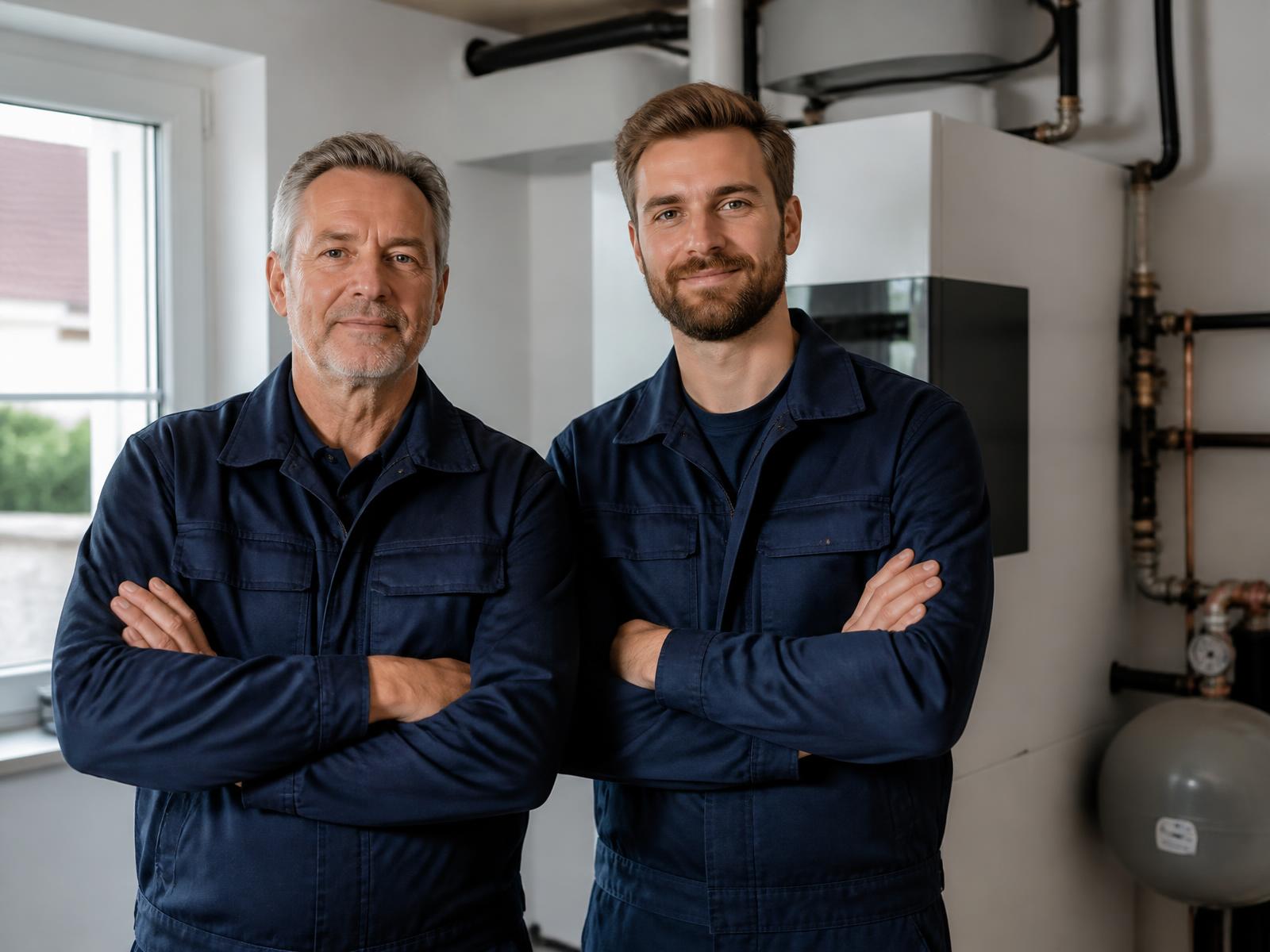 Zwei Handwerker in Arbeitskleidung in einem Heizungsraum